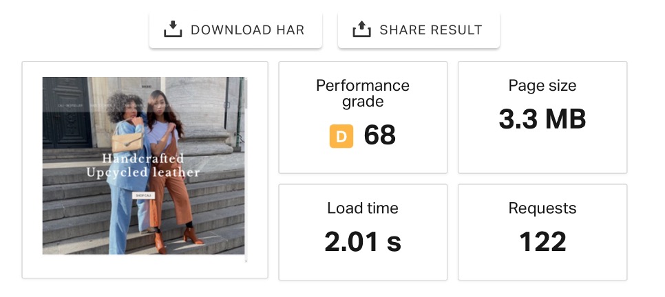 Hjemmesidedesign for BAKANO med præsentation af performance-analyse detaljer