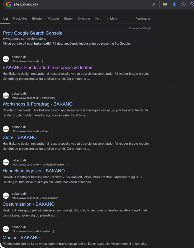 Google-søgning med 'site .dk', der viser Bakano.dks sitemap og undersider.