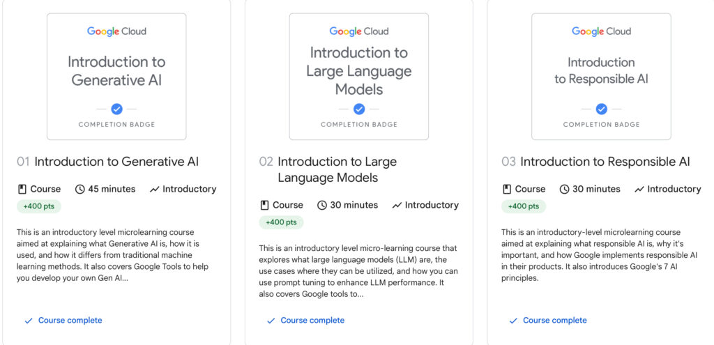 Tre kursuscertifikater fra Google Cloud om Generativ AI, Large Language Models og Responsible AI