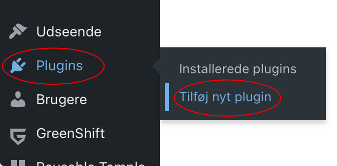 WordPress kontrolpanel med fokus på menuen 'Plugins' og valgmuligheden 'Tilføj nyt plugin