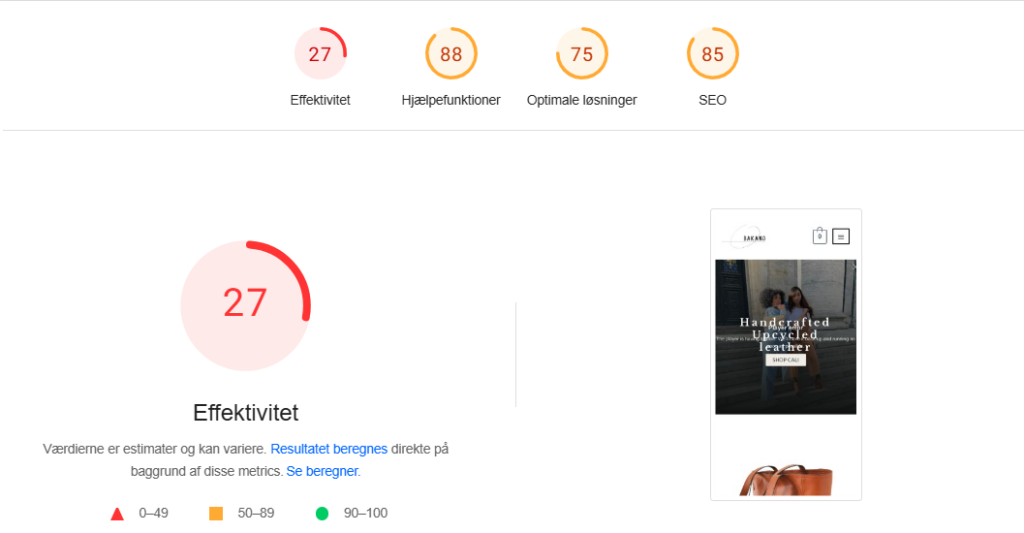 Mobilversion af hastighedsanalyse med en effektivitetsscore på 27 og preview af hjemmesiden