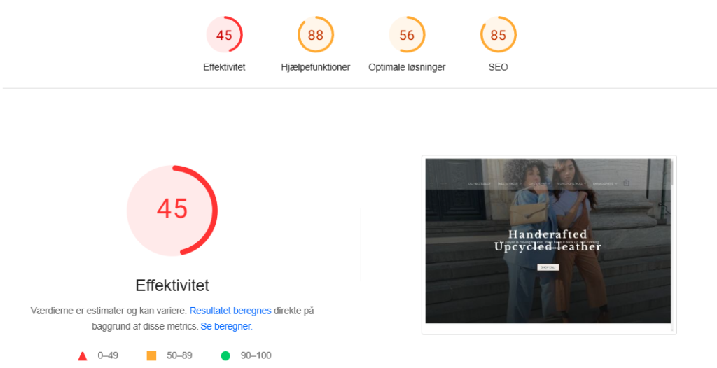 Hastighedsanalyse af hjemmesiden med score for effektivitet, brugeroplevelse og SEO.