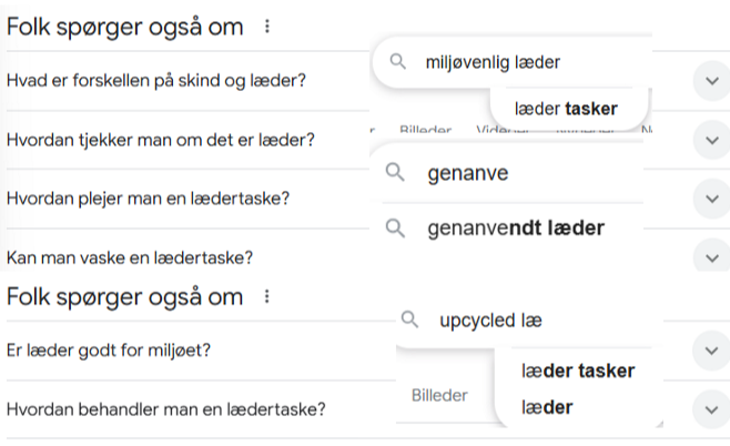 Et skærmbillede af Google-søgninger, der viser søgeord og spørgsmål relateret til lædertasker og bæredygtighed